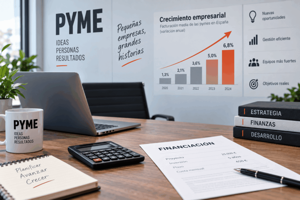Escritorio de una pyme con un gráfico de crecimiento, calculadora y documentos de financiación